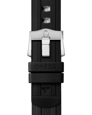 Omega Seamaster Diver 300M men's automatic watch, 42mm steel and yellow gold case, black dial, black rubber strap – strap buckle view