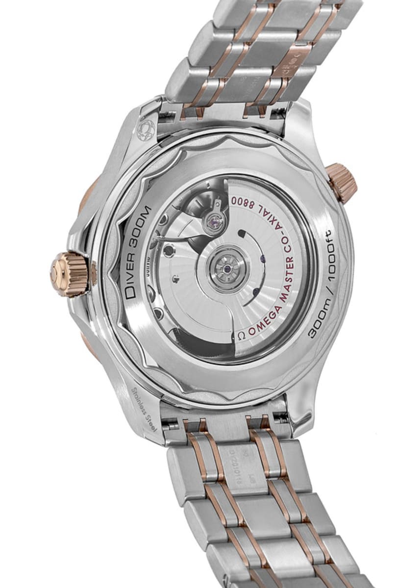 Omega Seamaster Diver 300M men's automatic watch, 42mm steel and rose gold case, black dial, two-tone bracelet – caseback movement view