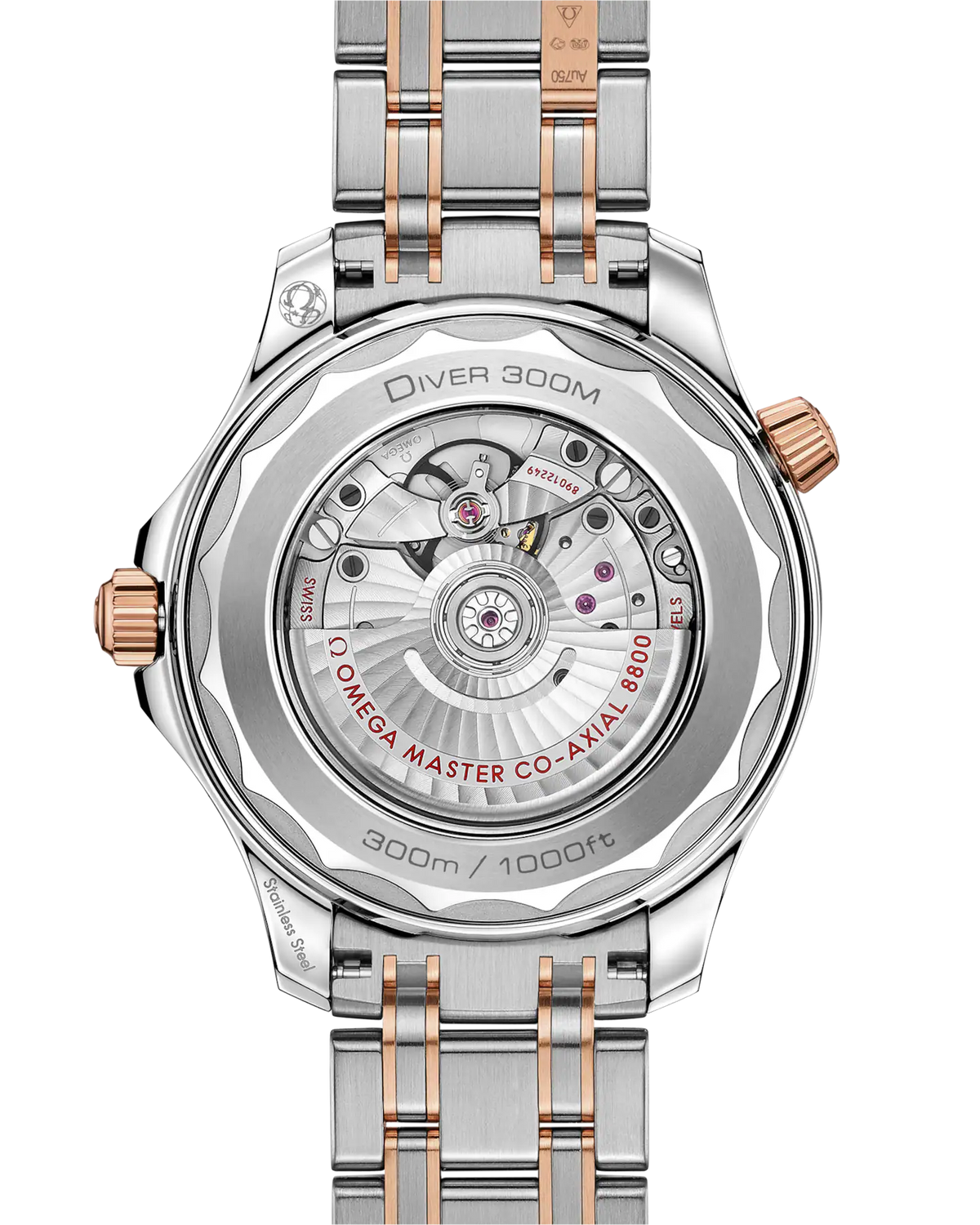 Omega Seamaster Diver 300M men's automatic watch, 42mm steel and rose gold case, black dial, two-tone bracelet – caseback view