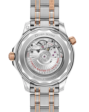 Omega Seamaster Diver 300M men's automatic watch, 42mm steel and rose gold case, black dial, two-tone bracelet – caseback view