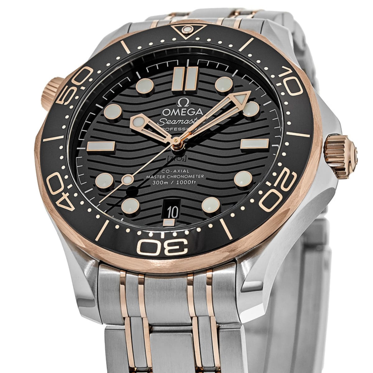 Omega Seamaster Diver 300M men's automatic watch, 42mm steel and rose gold case, black dial, two-tone bracelet – dial close-up