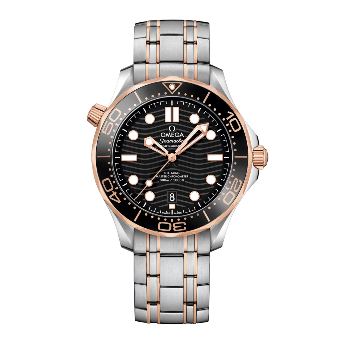 Omega Seamaster Diver 300M men's automatic watch, 42mm steel and rose gold case, black dial, two-tone bracelet – front view 2