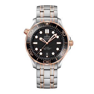 Omega Seamaster Diver 300M men's automatic watch, 42mm steel and rose gold case, black dial, two-tone bracelet – front view 2