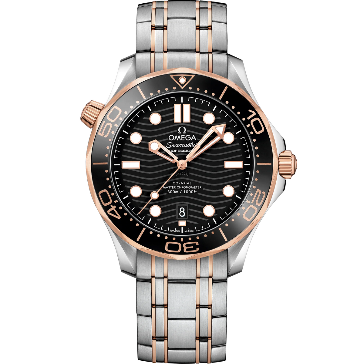 Omega Seamaster Diver 300M men's automatic watch, 42mm steel and rose gold case, black dial, two-tone bracelet – front view