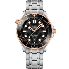 Omega Seamaster Diver 300M men's automatic watch, 42mm steel and rose gold case, black dial, two-tone bracelet – front view