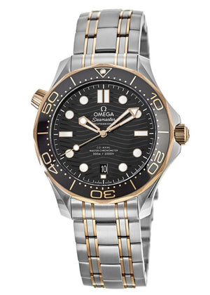 Omega Seamaster Diver 300M men's automatic watch, 42mm steel and rose gold case, black dial, two-tone bracelet – full front view