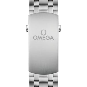 Omega Seamaster Diver 300M men's automatic watch, 42mm steel and yellow gold case, black dial, two-tone bracelet – clasp logo view