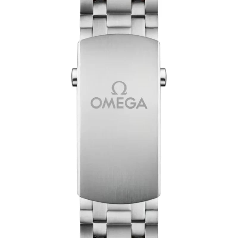 Omega Seamaster Diver 300M men's automatic watch, 42mm steel and yellow gold case, black dial, two-tone bracelet – clasp logo view