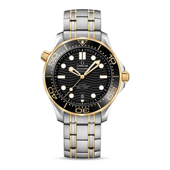Omega Seamaster Diver 300M men's automatic watch, 42mm steel and yellow gold case, black dial, two-tone bracelet – front view
