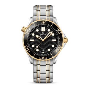 Omega Seamaster Diver 300M men's automatic watch, 42mm steel and yellow gold case, black dial, two-tone bracelet – front view