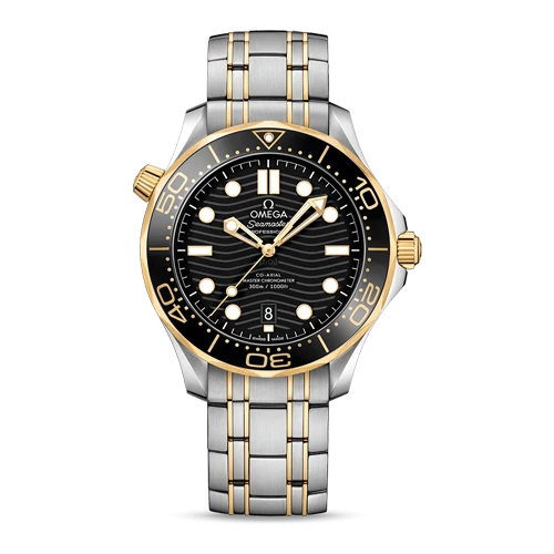 Omega Seamaster Diver 300M men's automatic watch, 42mm steel and yellow gold case, black dial, two-tone bracelet – front view