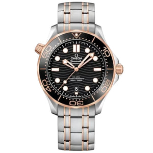 Omega Seamaster Diver 300M men's automatic watch, 42mm steel and yellow gold case, black dial, two-tone bracelet – full front view