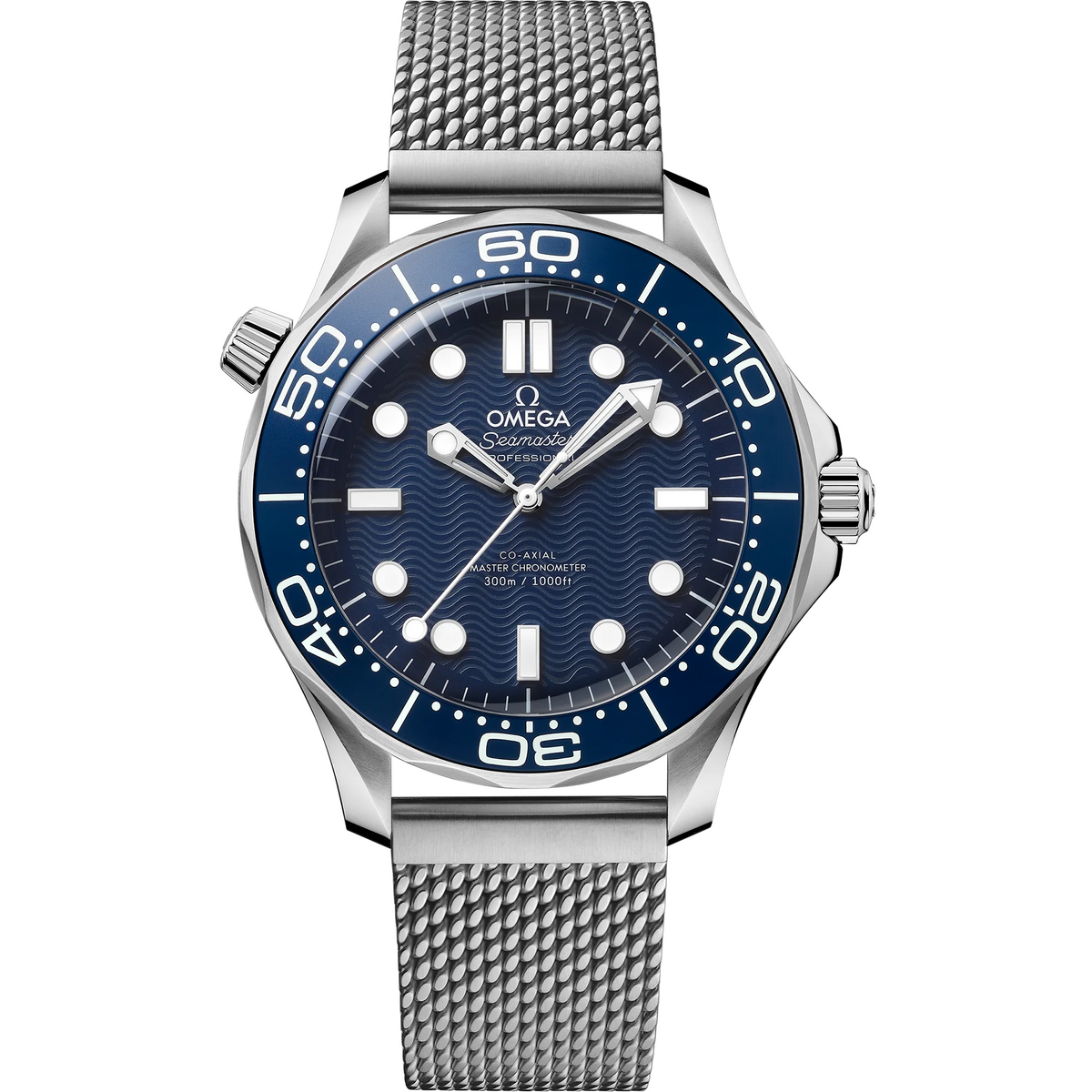 Omega Seamaster Diver 300M men's automatic watch, 42mm stainless steel case, blue ceramic bezel, mesh bracelet – front view