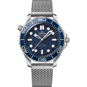 Omega Seamaster Diver 300M men's automatic watch, 42mm stainless steel case, blue ceramic bezel, mesh bracelet – front view
