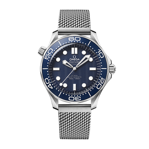 Omega Seamaster Diver 300M men's automatic watch, 42mm stainless steel case, blue ceramic bezel, mesh bracelet – full front view