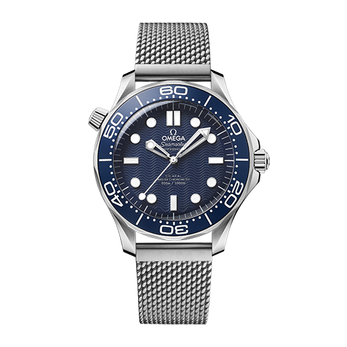 Omega Seamaster Diver 300M men's automatic watch, 42mm stainless steel case, blue ceramic bezel, mesh bracelet – full front view