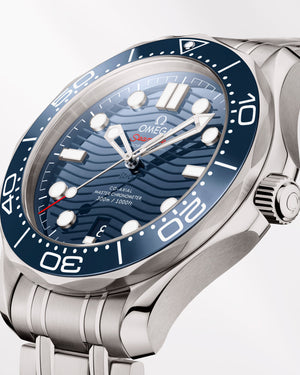 Omega Seamaster Diver 300M men's automatic watch, 42mm stainless steel case, blue dial, steel bracelet – angle view
