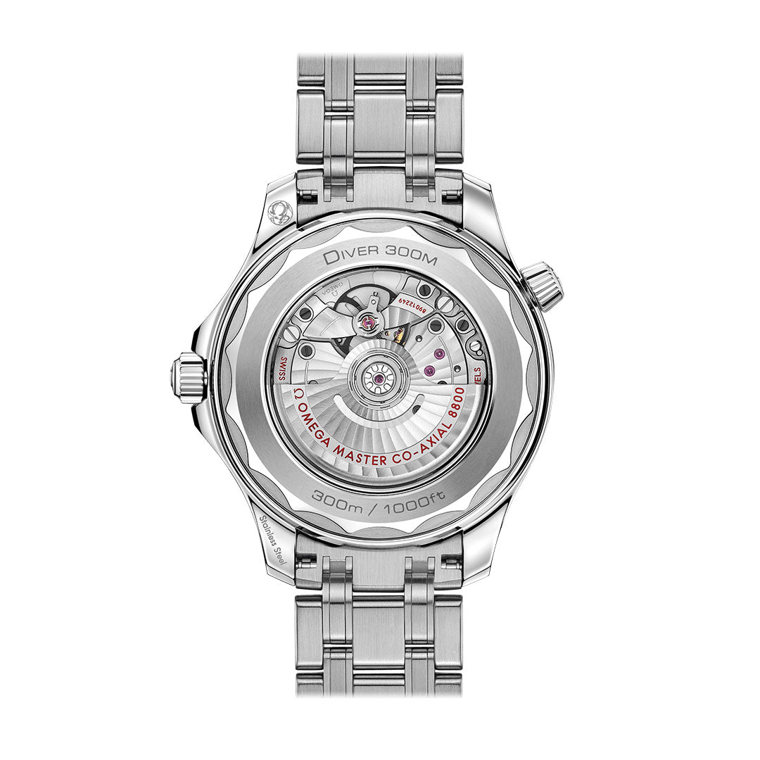 Omega Seamaster Diver 300M men's automatic watch, 42mm stainless steel case, blue dial, steel bracelet – caseback movement view