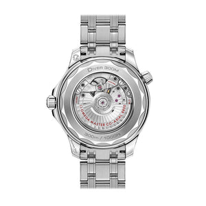 Omega Seamaster Diver 300M men's automatic watch, 42mm stainless steel case, blue dial, steel bracelet – caseback movement view