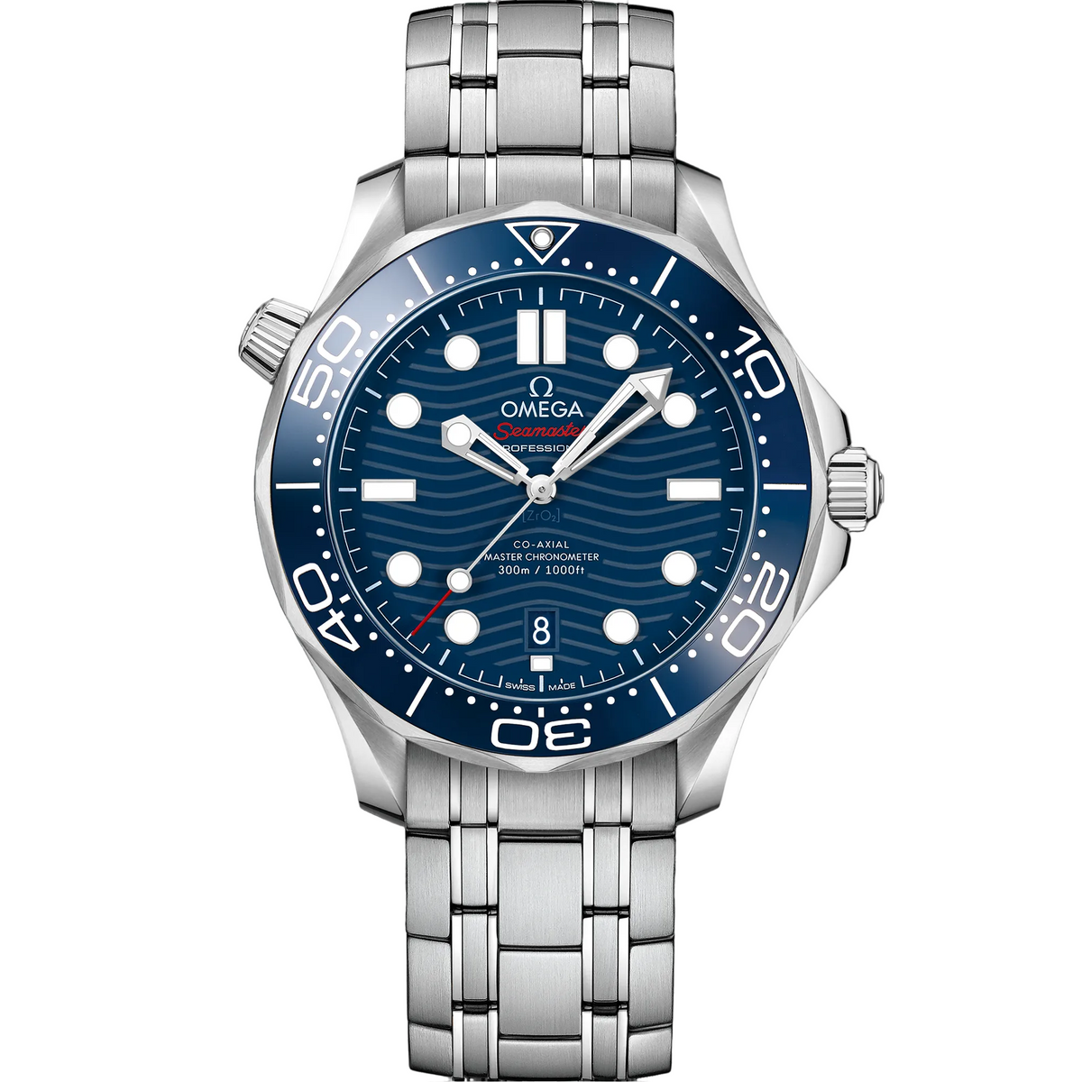 Omega Seamaster Diver 300M men's automatic watch, 42mm stainless steel case, blue dial, steel bracelet – front view