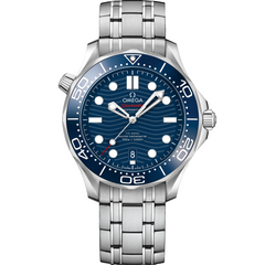 Omega Seamaster Diver 300M men's automatic watch, 42mm stainless steel case, blue dial, steel bracelet – front view