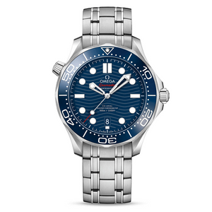 Omega Seamaster Diver 300M men's automatic watch, 42mm stainless steel case, blue dial, steel bracelet – full front view