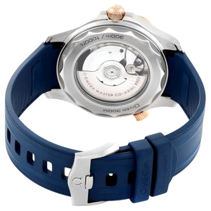 Omega Seamaster Diver 300M men's automatic watch, 42mm steel and yellow gold case, blue dial, blue rubber strap – caseback view