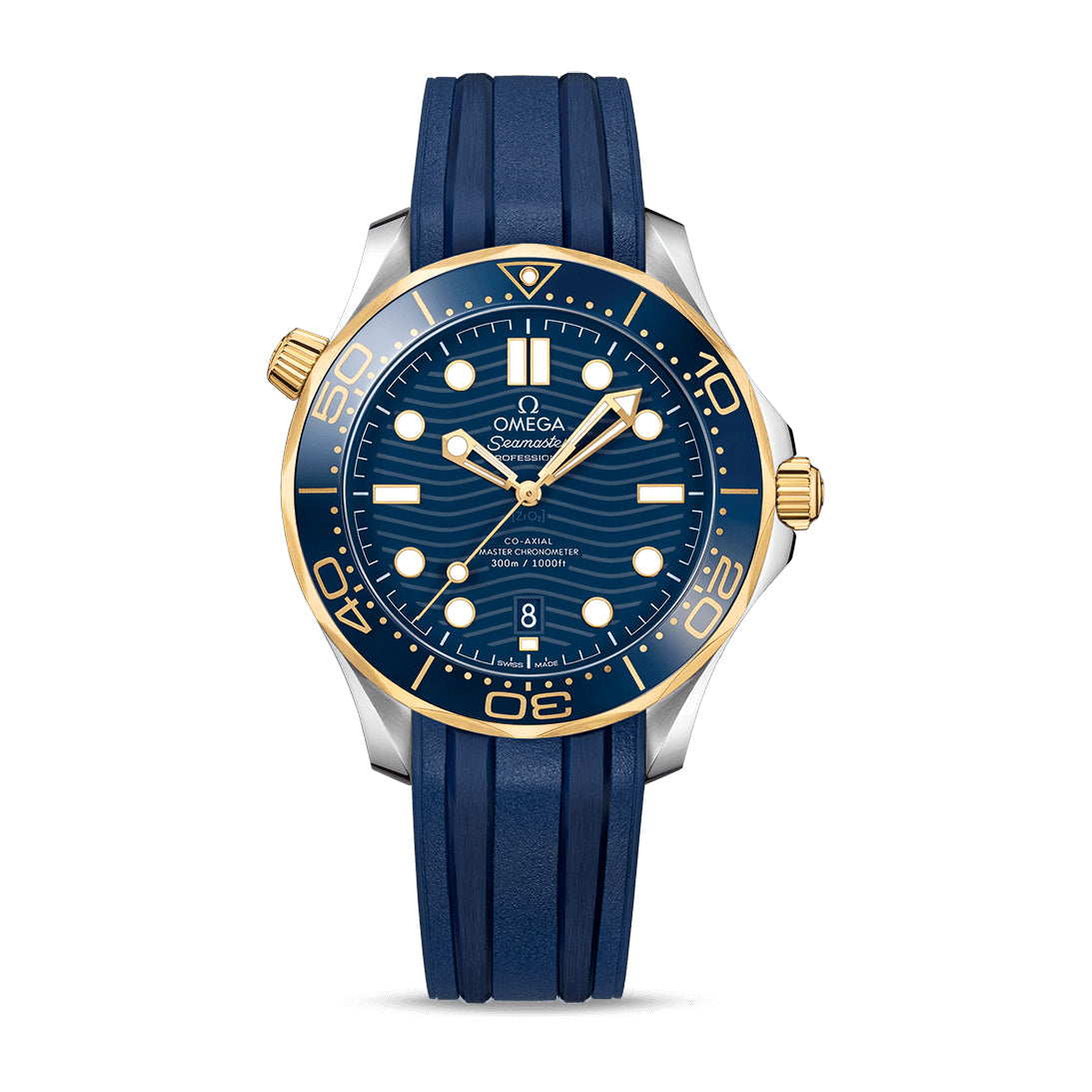 Omega Seamaster Diver 300M men's automatic watch, 42mm steel and yellow gold case, blue dial, blue rubber strap – front view