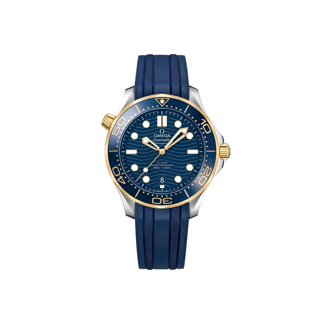 Omega Seamaster Diver 300M men's automatic watch, 42mm steel and yellow gold case, blue dial, blue rubber strap – full front view