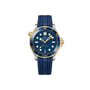 Omega Seamaster Diver 300M men's automatic watch, 42mm steel and yellow gold case, blue dial, blue rubber strap – full front view