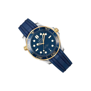Omega Seamaster Diver 300M men's automatic watch, 42mm steel and yellow gold case, blue dial, blue rubber strap – left angle view