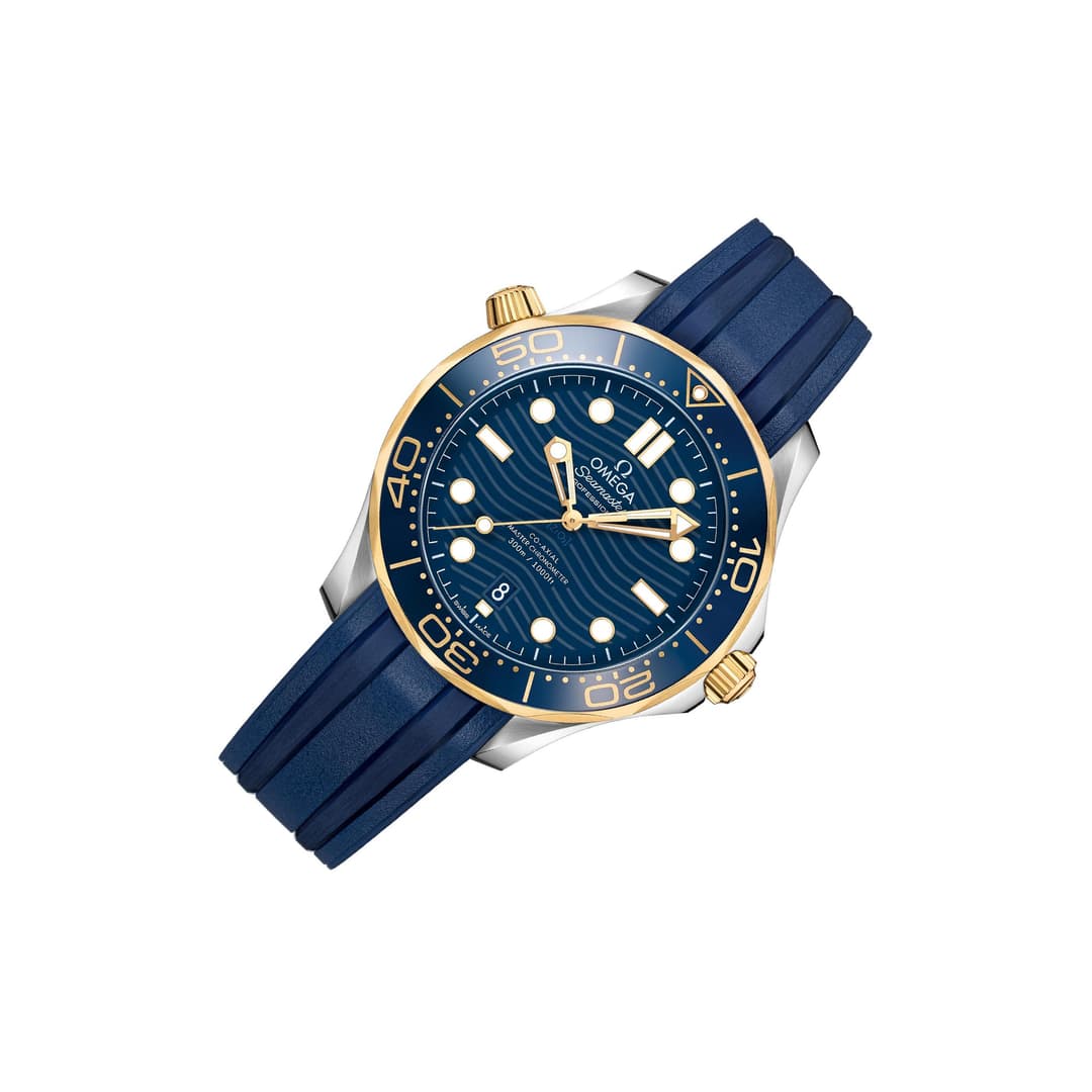 Omega Seamaster Diver 300M men's automatic watch, 42mm steel and yellow gold case, blue dial, blue rubber strap – right angle view