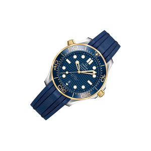 Omega Seamaster Diver 300M men's automatic watch, 42mm steel and yellow gold case, blue dial, blue rubber strap – right angle view