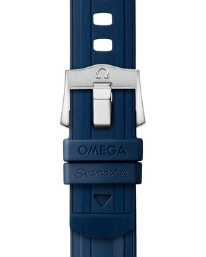 Omega Seamaster Diver 300M men's automatic watch, 42mm steel and yellow gold case, blue dial, blue rubber strap – strap buckle view