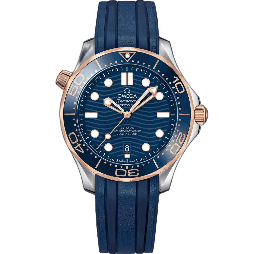 Omega Seamaster Diver 300M men's automatic watch, 42mm steel and rose gold case, blue dial, blue rubber strap – front view