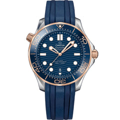Omega Seamaster Diver 300M men's automatic watch, 42mm steel and rose gold case, blue dial, blue rubber strap – front view