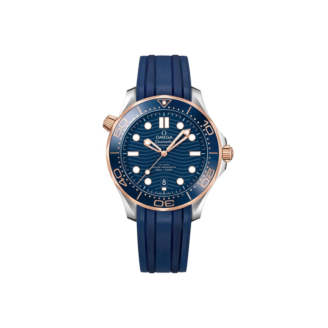 Omega Seamaster Diver 300M men's automatic watch, 42mm steel and rose gold case, blue dial, blue rubber strap – full front view