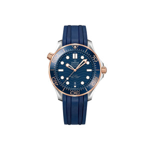 Omega Seamaster Diver 300M men's automatic watch, 42mm steel and rose gold case, blue dial, blue rubber strap – full front view