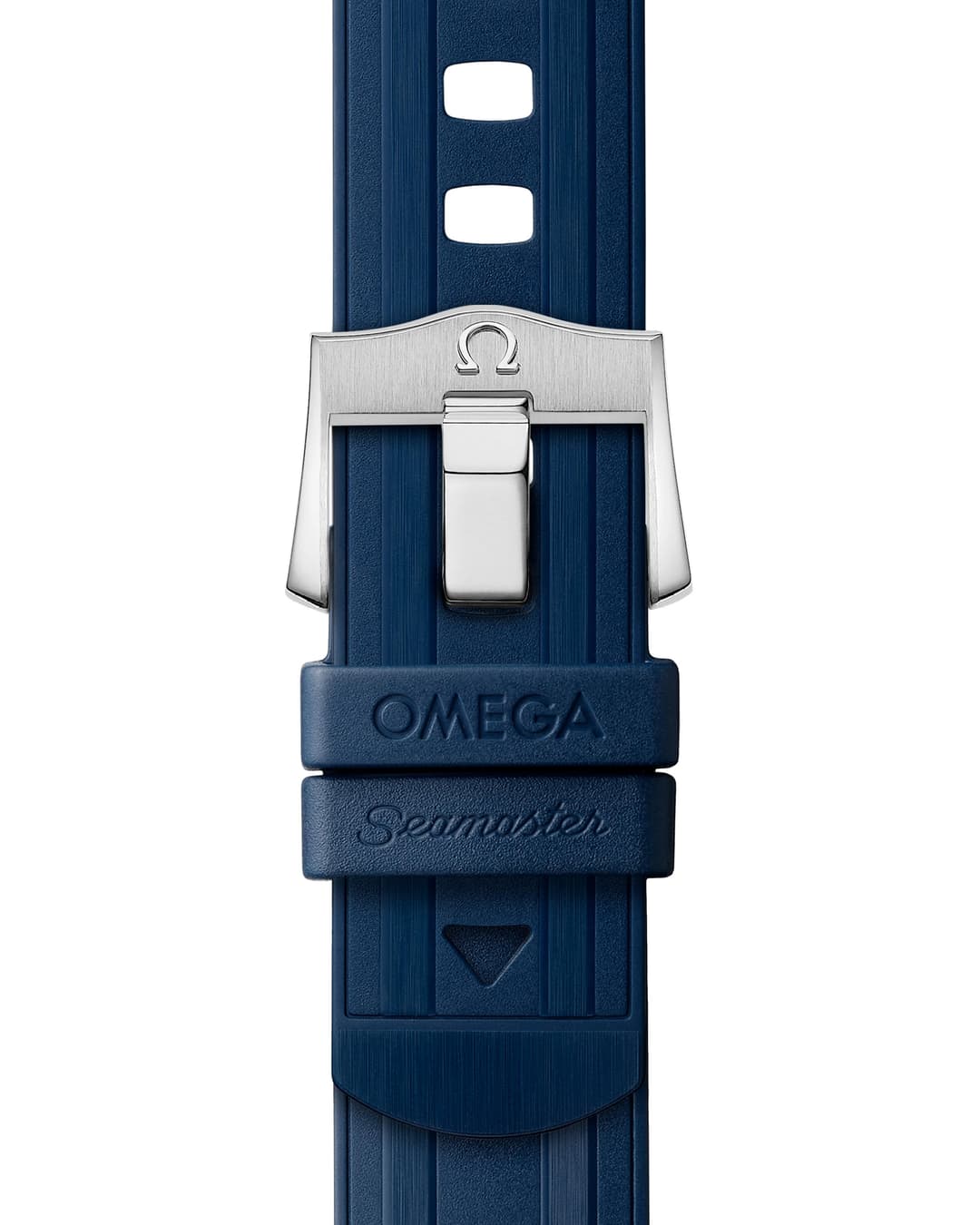 Omega Seamaster Diver 300M men's automatic watch, 42mm steel and rose gold case, blue dial, blue rubber strap – strap buckle view
