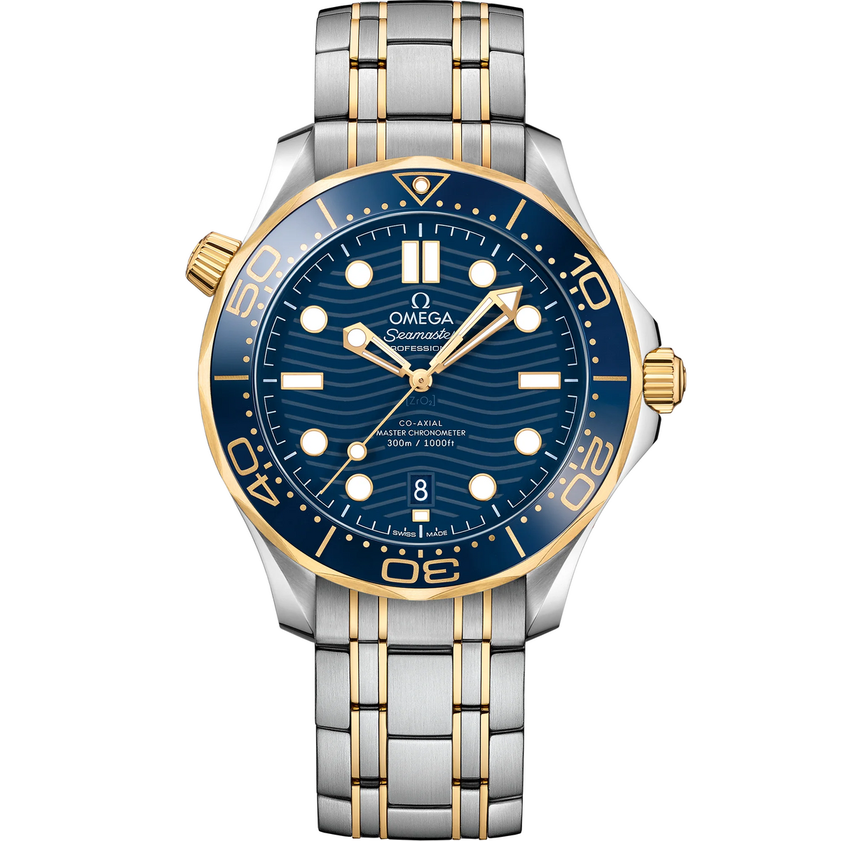 Omega Seamaster Diver 300M men's automatic watch, 42mm steel and yellow gold case, blue dial, two-tone bracelet – front view