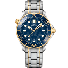 Omega Seamaster Diver 300M men's automatic watch, 42mm steel and yellow gold case, blue dial, two-tone bracelet – front view