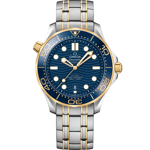Omega Seamaster Diver 300M men's automatic watch, 42mm steel and yellow gold case, blue dial, two-tone bracelet – front view