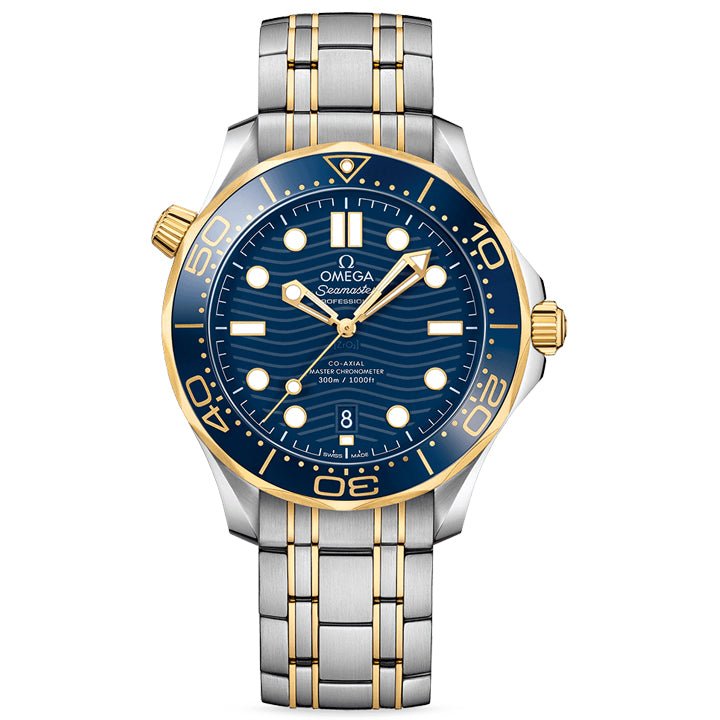Omega Seamaster Diver 300M men's automatic watch, 42mm steel and yellow gold case, blue dial, two-tone bracelet – full front view
