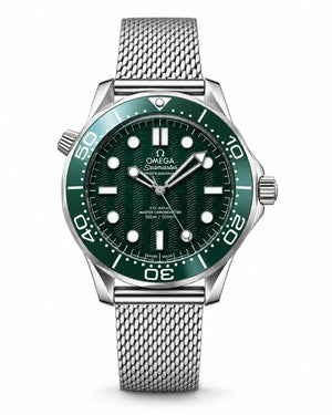 Omega Seamaster Diver 300M men's automatic watch, 42mm stainless steel case, green dial, mesh bracelet – front view