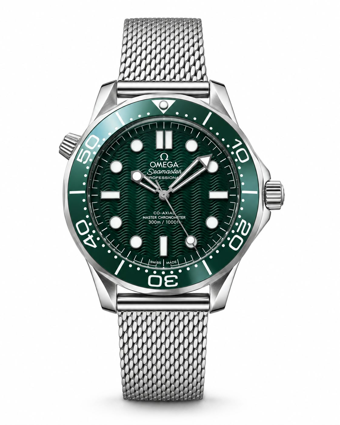 Omega Seamaster Diver 300M men's automatic watch, 42mm stainless steel case, green dial, mesh bracelet – full front view