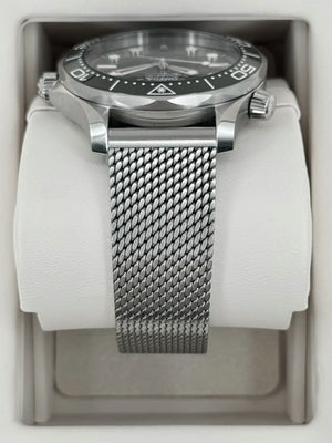 Omega Seamaster Diver 300M men's automatic watch, 42mm stainless steel case, green dial, mesh bracelet – side view in box