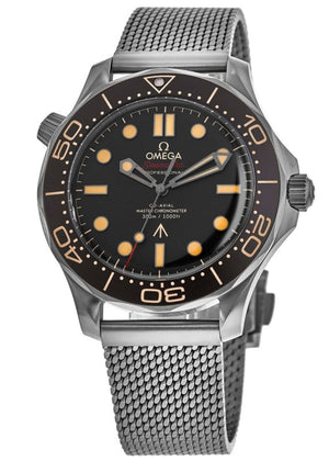 Omega Seamaster Diver 300M Vintage men's automatic watch, 42mm case, brown dial, mesh bracelet – angle view