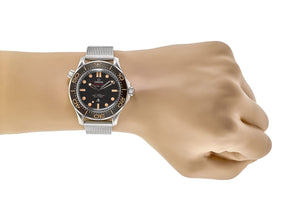Omega Seamaster Diver 300M Vintage men's automatic watch, 42mm case, brown dial, mesh bracelet – on wrist view
