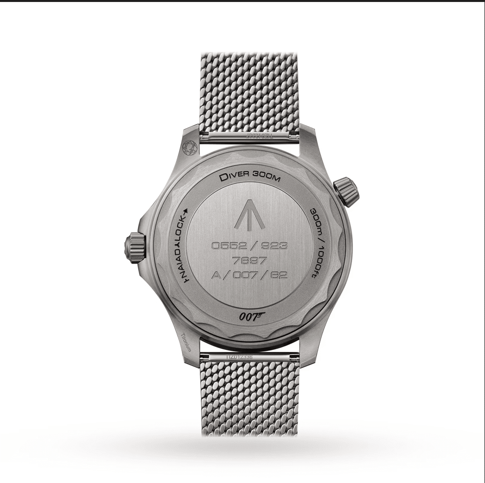 Omega Seamaster Diver men's automatic watch, 41mm stainless steel case, black dial, mesh bracelet – back view