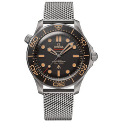 Omega Seamaster Diver men's automatic watch, 41mm stainless steel case, black dial, mesh bracelet – front view